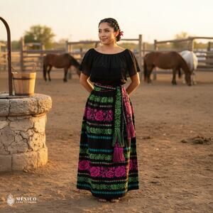 Traditional Mexican Floral Cambaya Dress Set – Handmade Three-Pieces